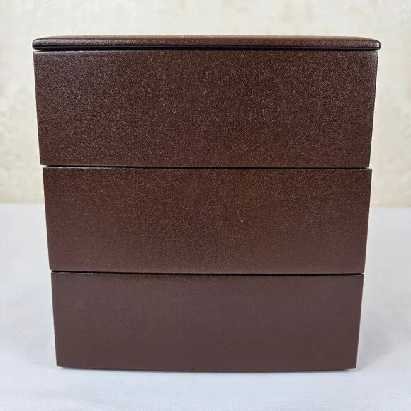 Japanese Jubako Stacked Box Brown w/Red Lacquer Interior Bunnies and Flowers